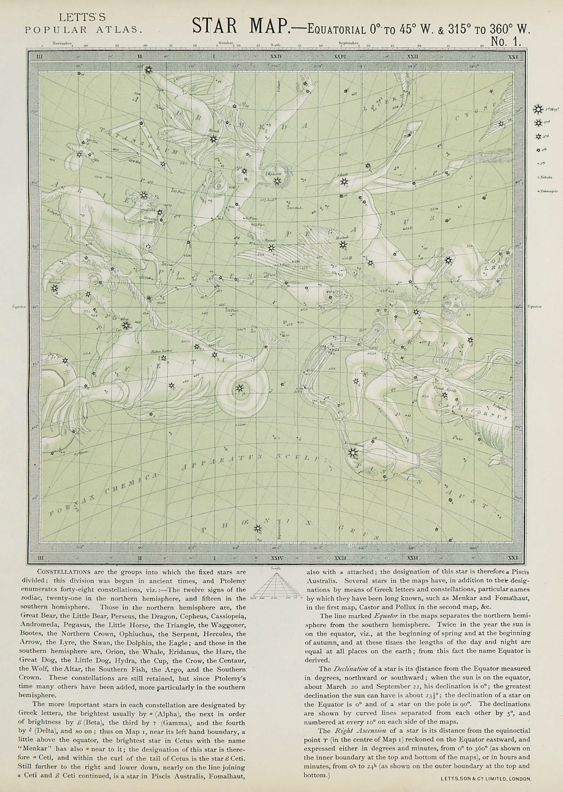 ASTRONOMY CELESTIAL Star map chart signs Spring Aries Aquarius Pisces LETTS 1884